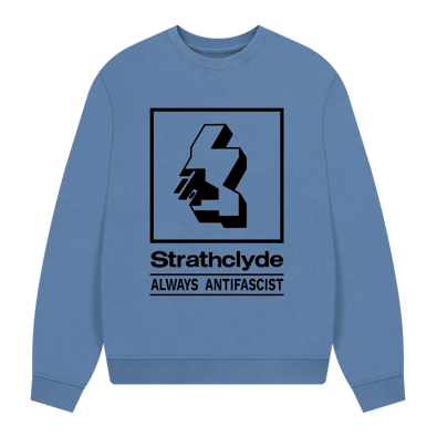 Blue jumer with "Strathclyde Always Antifascist" Text